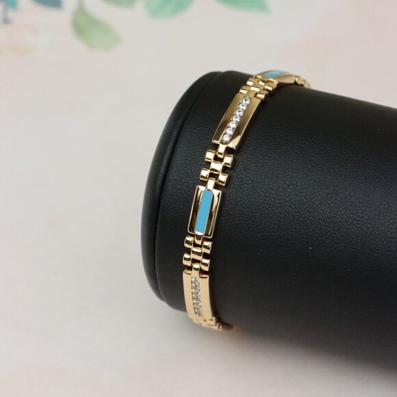 "Elegant Rose Gold Bracelet with Blue Enamel and CZ Accent Links, XPBL0738 - Picture 9 of 12